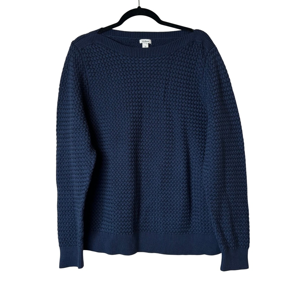 LL Bean Navy Blue 100% Cotton Boat Neck Sweater Chunky Knit Fisherman Womens 1X